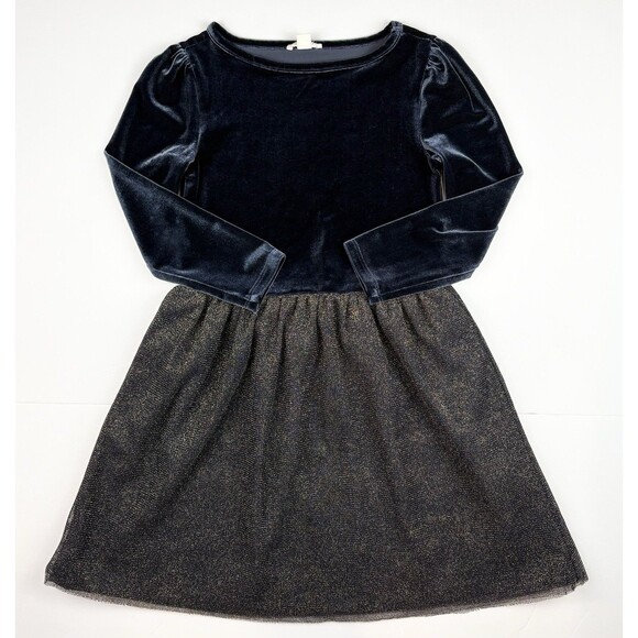 Crewcuts J. Crew Long Sleeve Navy Gold Velvet Dress Holiday Christmas, Size 7 - Picture 1 of 5